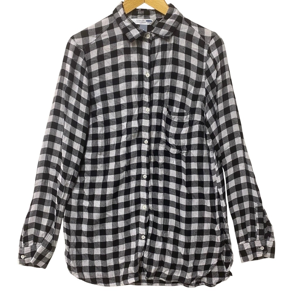Old Navy The Classic Shirt Women Medium Black White Buffalo Plaid Button Down